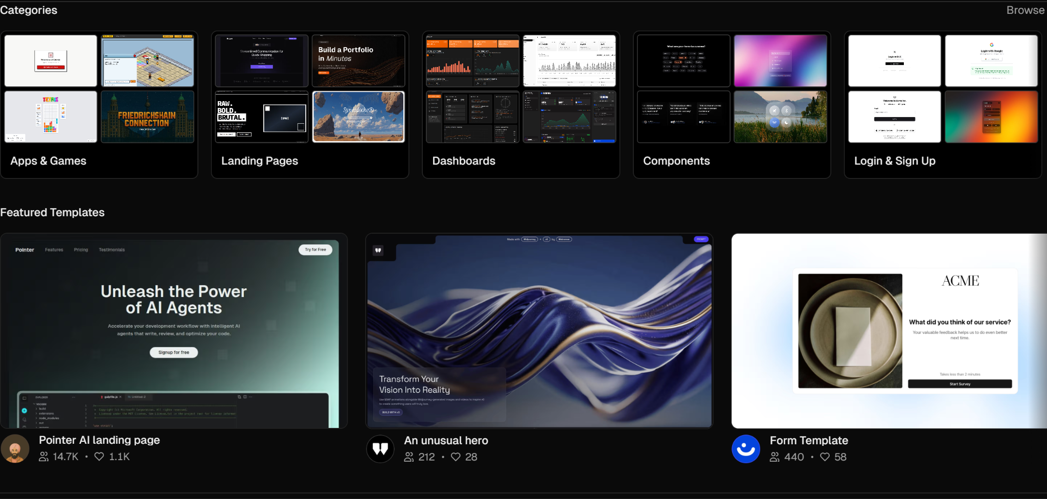 v0 のテンプレートギャラリー。Apps & Games／Landing Pages／Dashboards などのカテゴリ