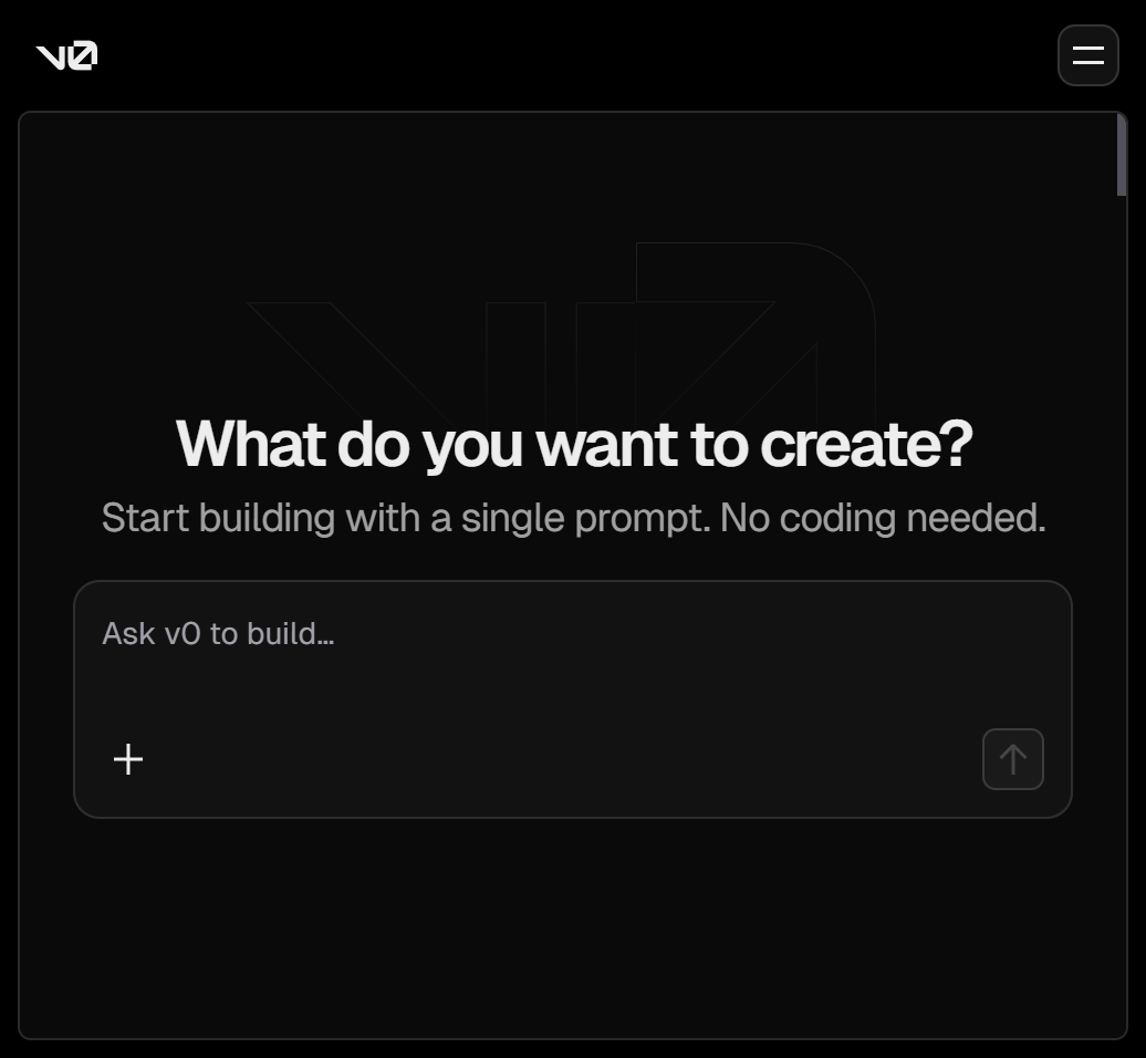 v0.app のトップ画面。「What do you want to create?」のプロンプト入力欄