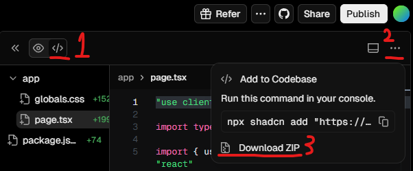 v0 のエディター切り替えと Download ZIP の手順