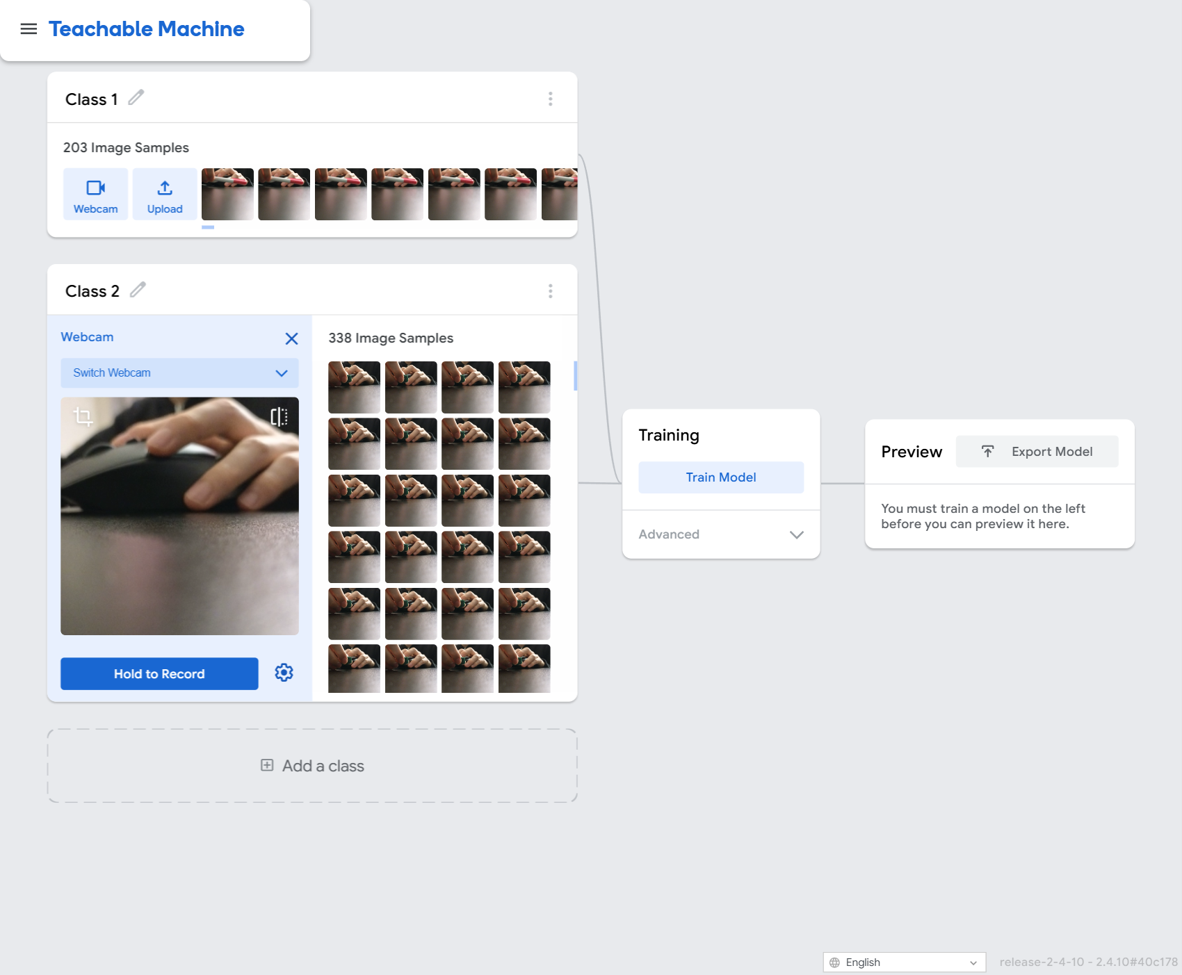 Teachable Machineでクラスごとに画像を集めて学習する画面